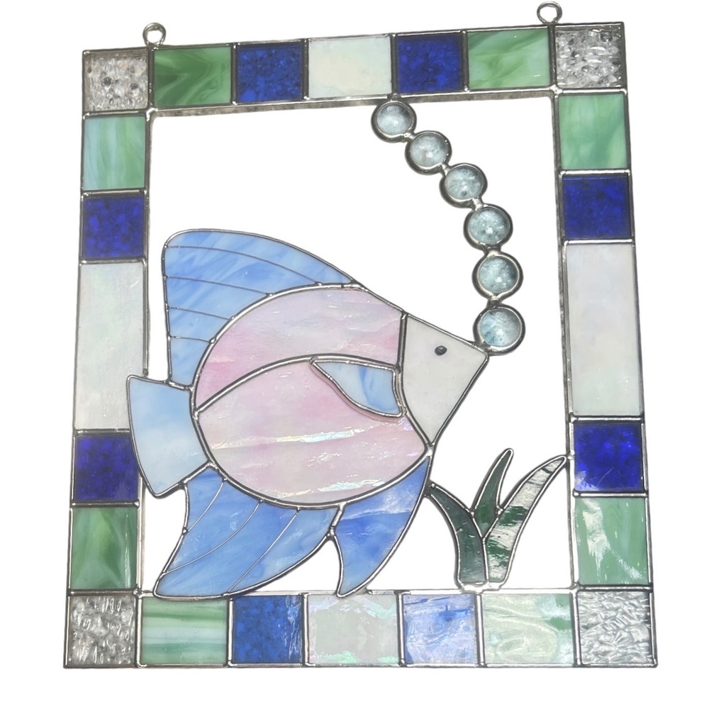 Stained Glass Tropical Fish Suncatcher Window Hanging Blue Pink Iridescent‎ 8.5"